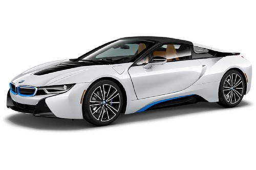 BMW i8 Roadster Crystal White Pearl Frozen Blue accent