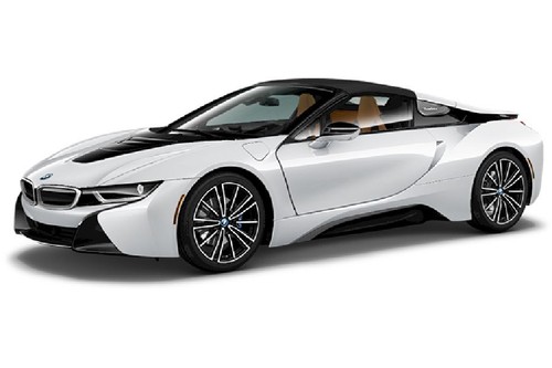 BMW i8 Roadster Crystal White Pearl Frozen Grey accent